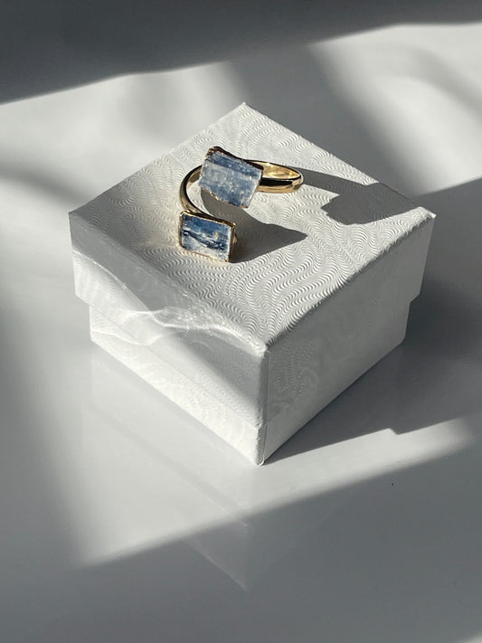 Blue Kyanite Adjustable Ring Gold Plated in a studio