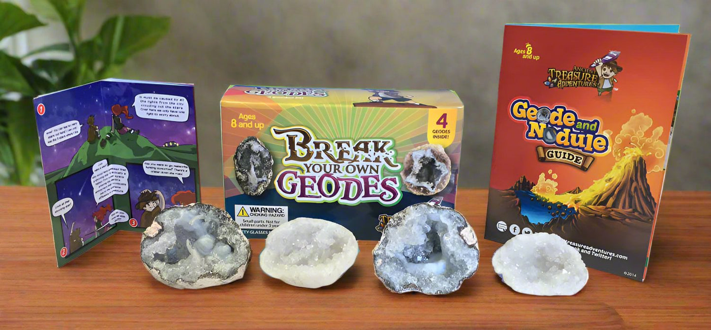 Break Your Own Geodes Kit featuring 4 unique geodes, beautifully arranged on a rich walnut table set amidst a vibrant, tropical Brazilian jungle. 