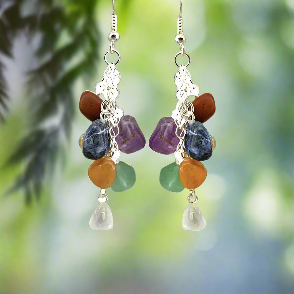 Chakra 7 Polished Stones Silver Plated Earrings