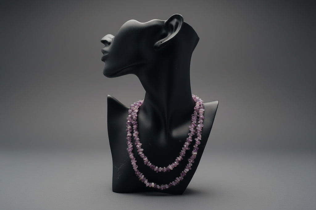 Black jewelry display object with Charoite_Necklace_30-32_Inches