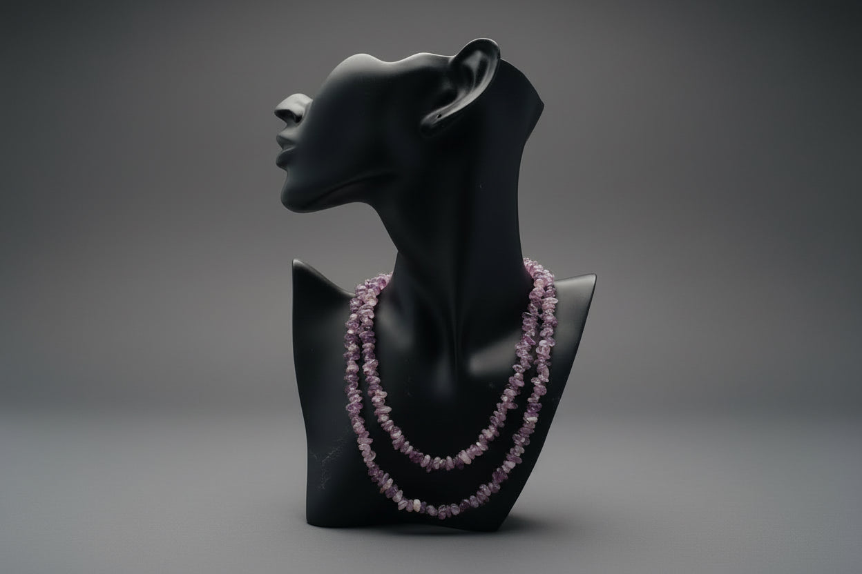 Black jewelry display object with Charoite_Necklace_30-32_Inches