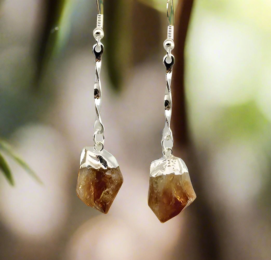 Citrine Crystal Point Spiral Silver Plated Earrings