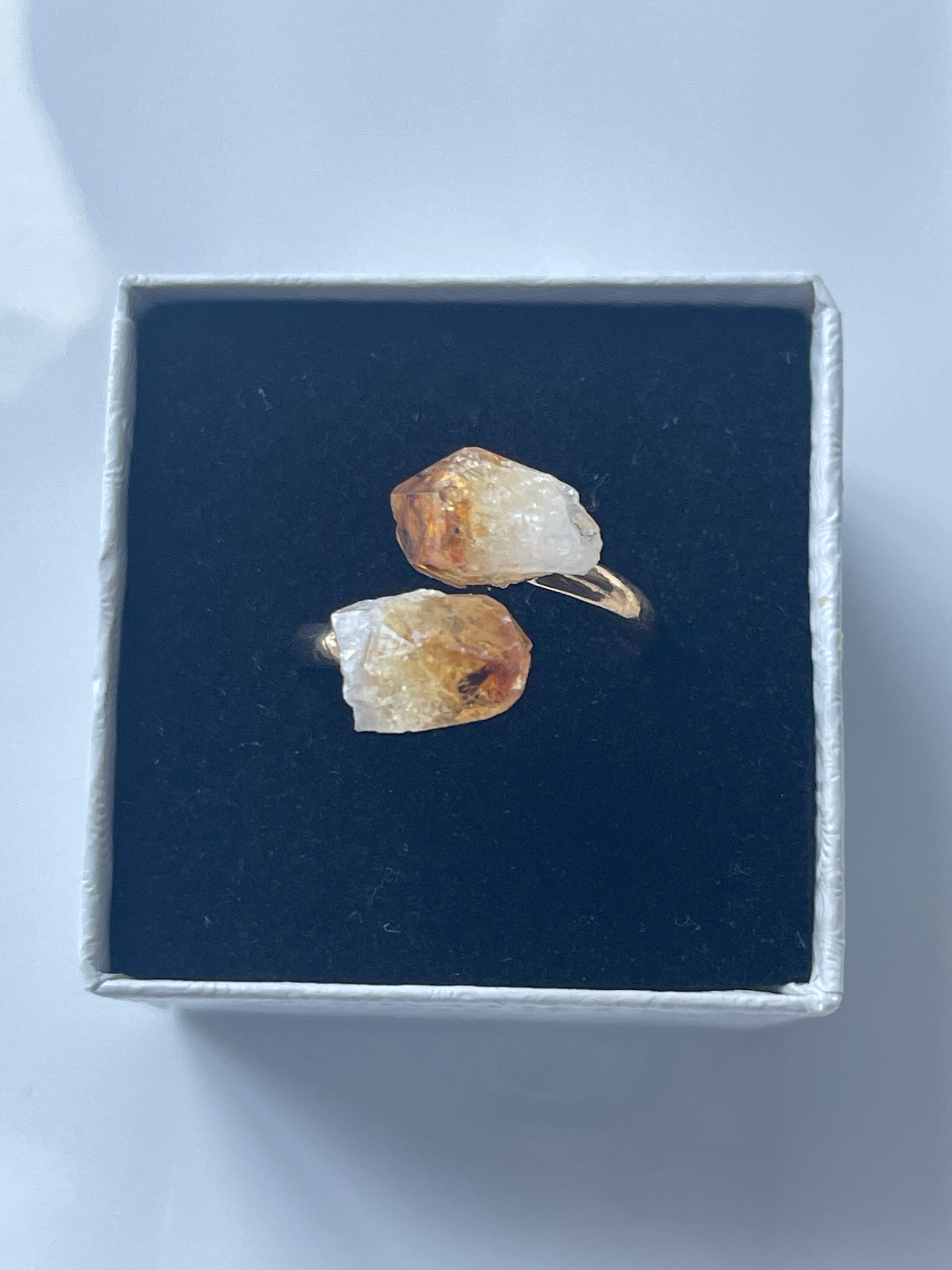 Citrine Natural Adjustable Ring Gold Plated in Florida Inside a jewelry box top view 