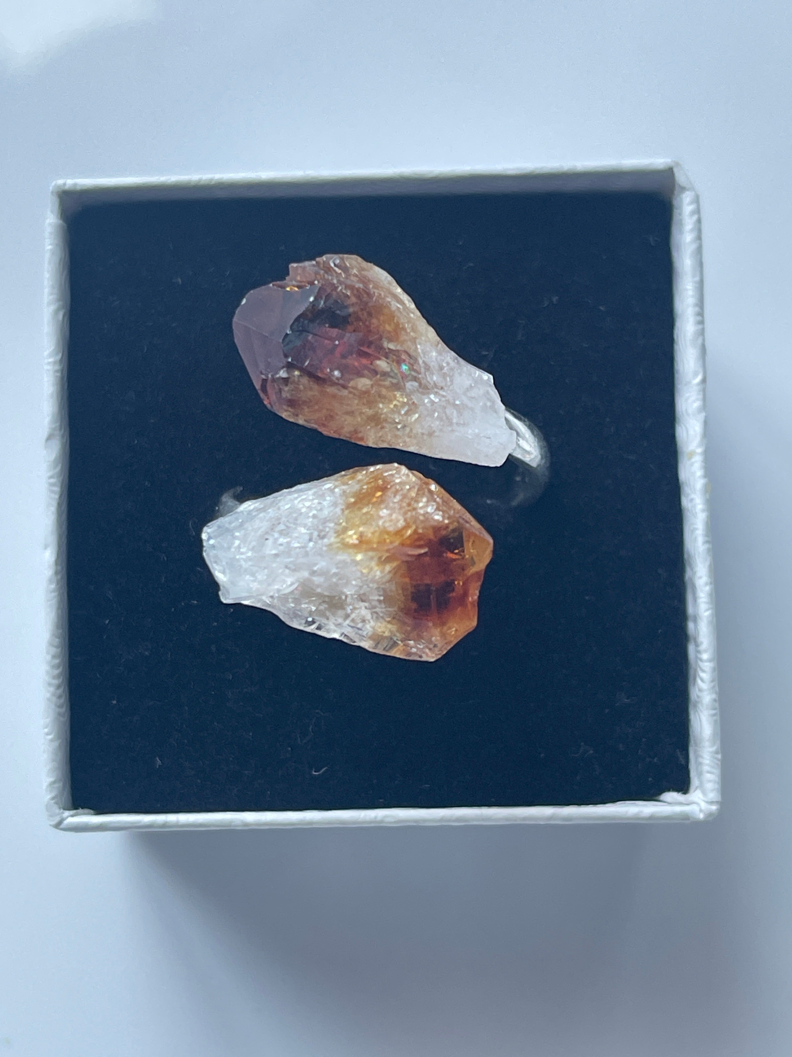 Citrine Natural Adjustable Ring Sliver Plated in Florida inside a black and white jewelry box 