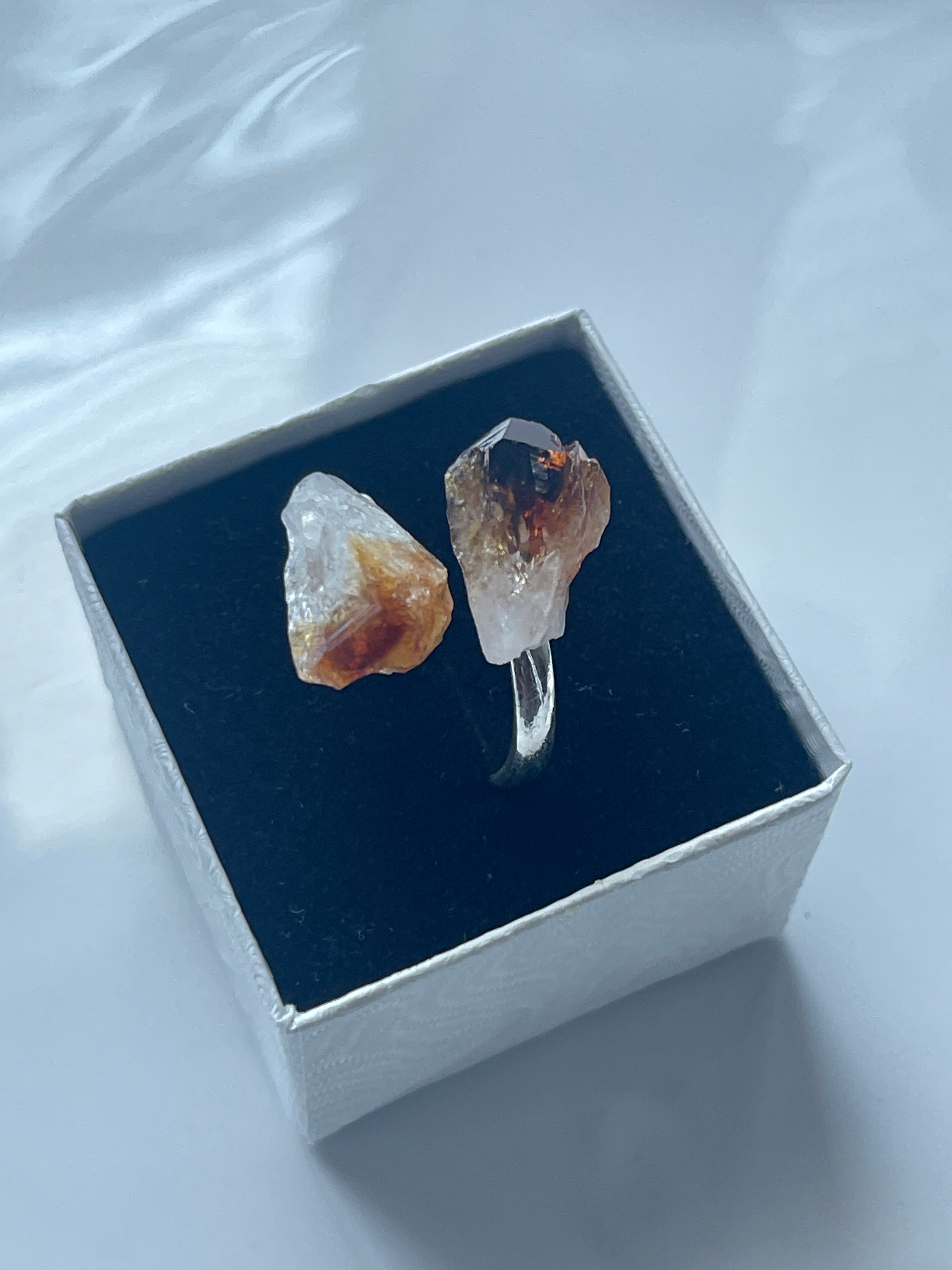 Citrine Natural Adjustable Ring Silver Plated in Florida in a white and black jewelry from a side view 
