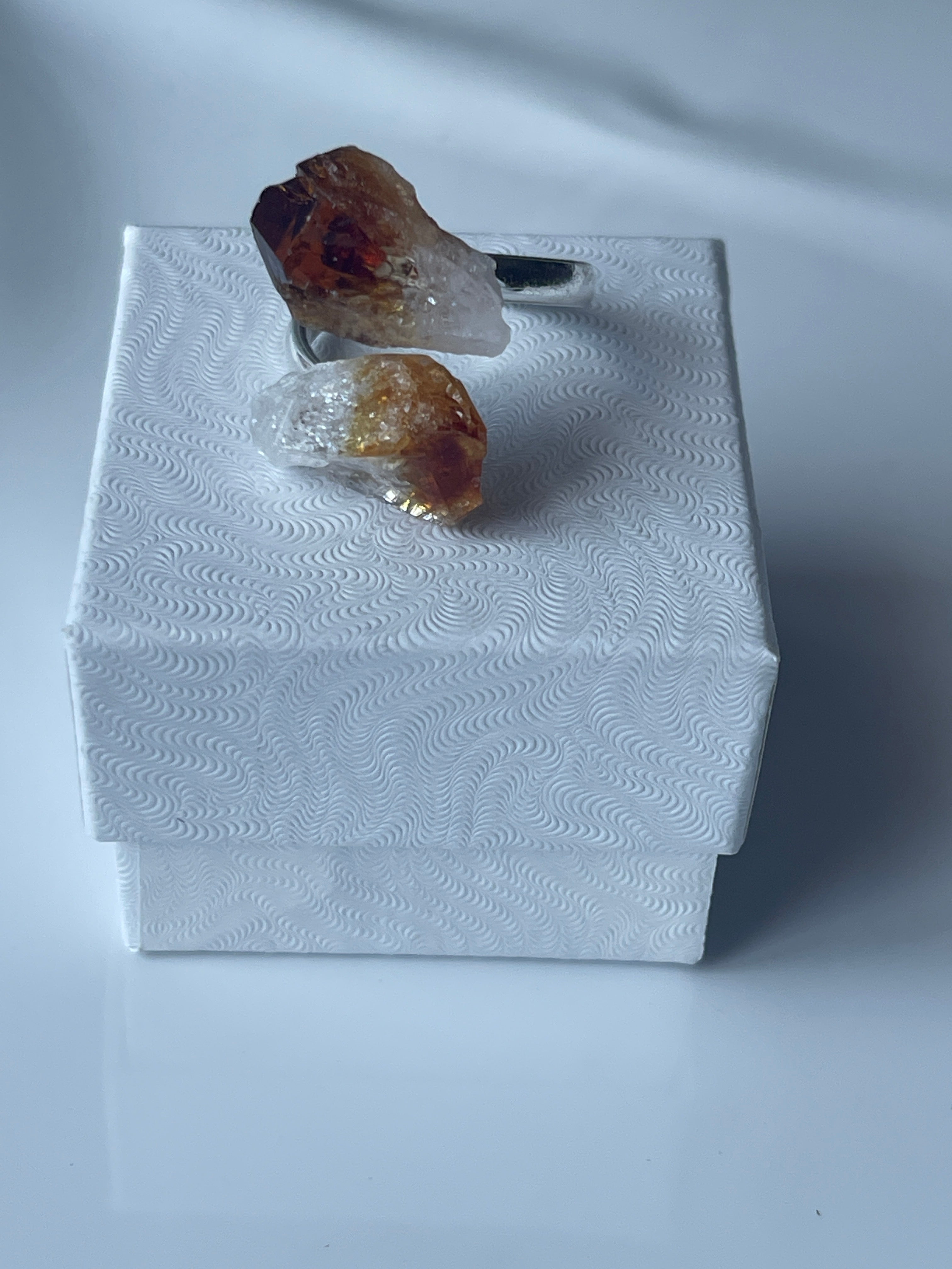 Citrine Natural Adjustable Ring Silver Plated in Florida On top of a white jewelry box