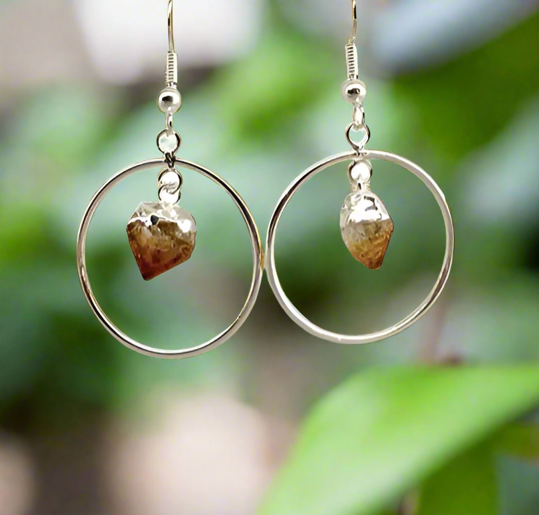 Citrine Point Circle Silver Plated Earrings