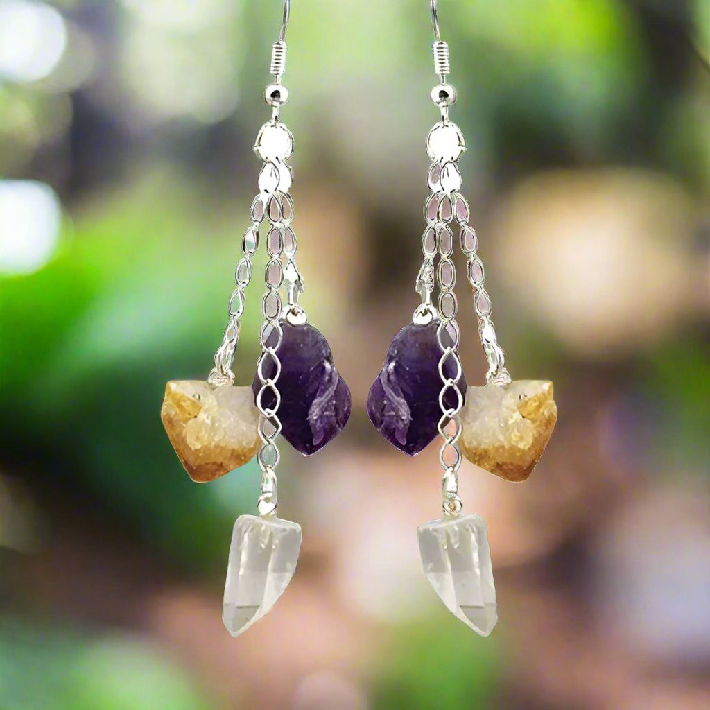 Crystal Point Amethyst Quartz and Citrine Silver Plated Earrings