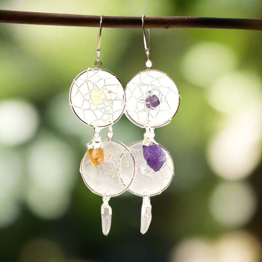 Dream Catcher Mixed  Silver Plated Gemstone Earrings