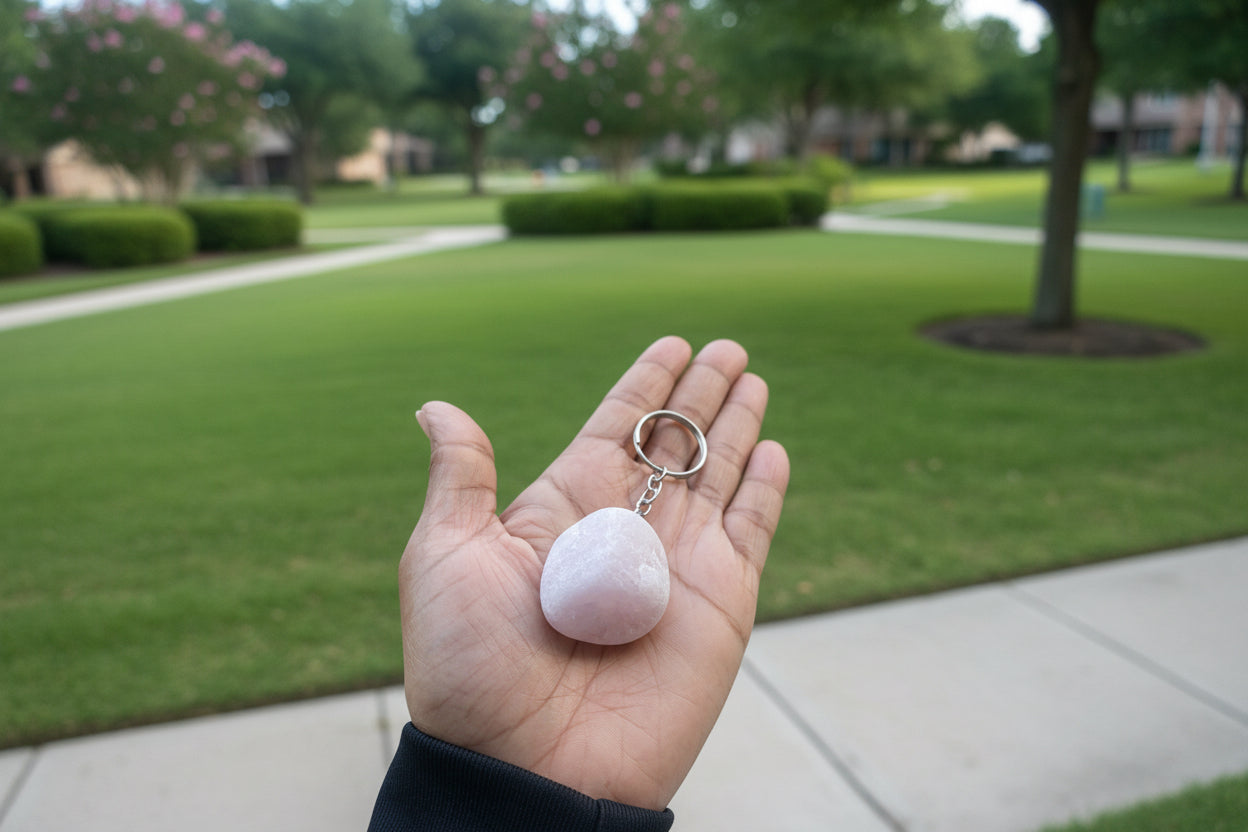 Hand holding a pink Ema Egg Seer Stone Polished Keychain with a blurred green background