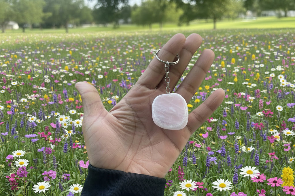 Hand holding a pink stone Ema Egg Seer Stone Polished Keychain with a keychain, blurred green background