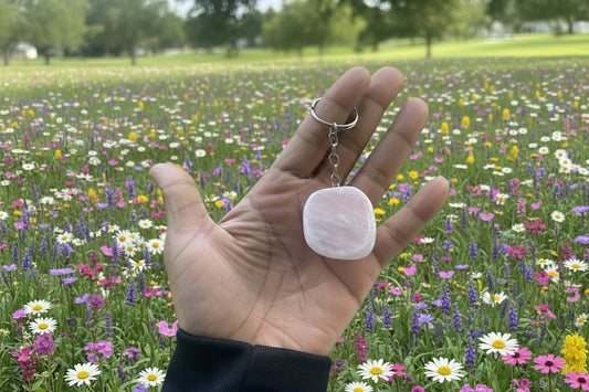 Hand holding a pink stone Ema Egg Seer Stone Polished Keychain with a keychain, blurred green background