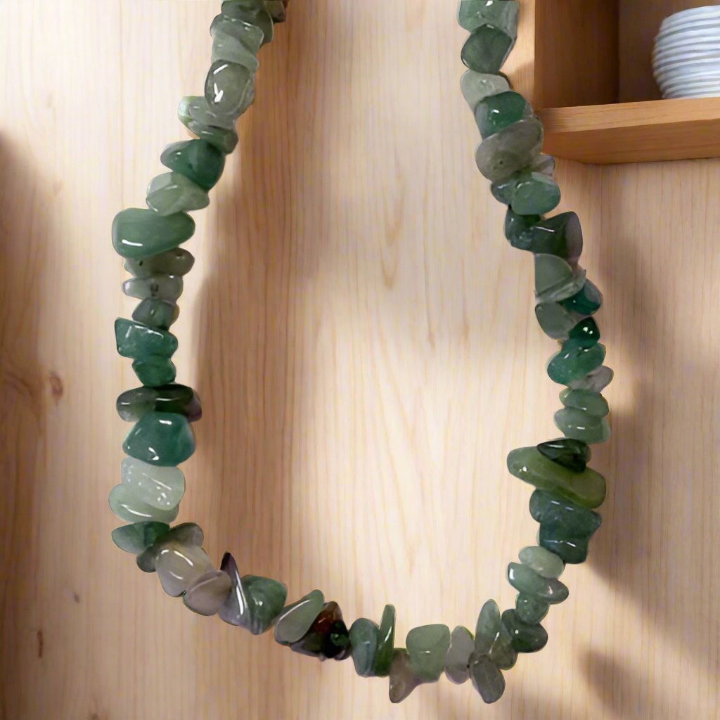 Green aventurine chip necklace made with natural crystal stones for luck and prosperity