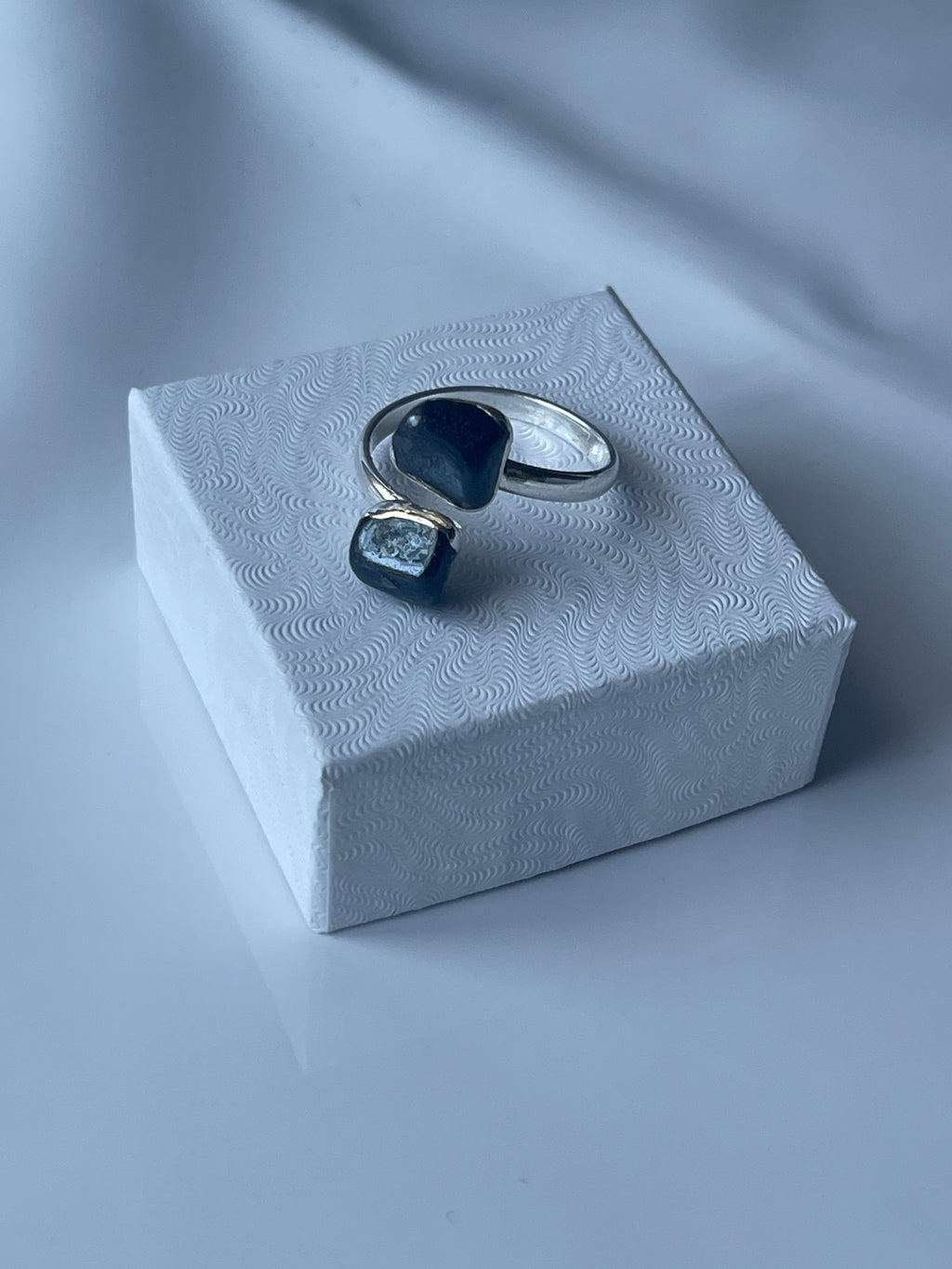 Hematite Adjustable Ring Silver Plated on a jewelry box