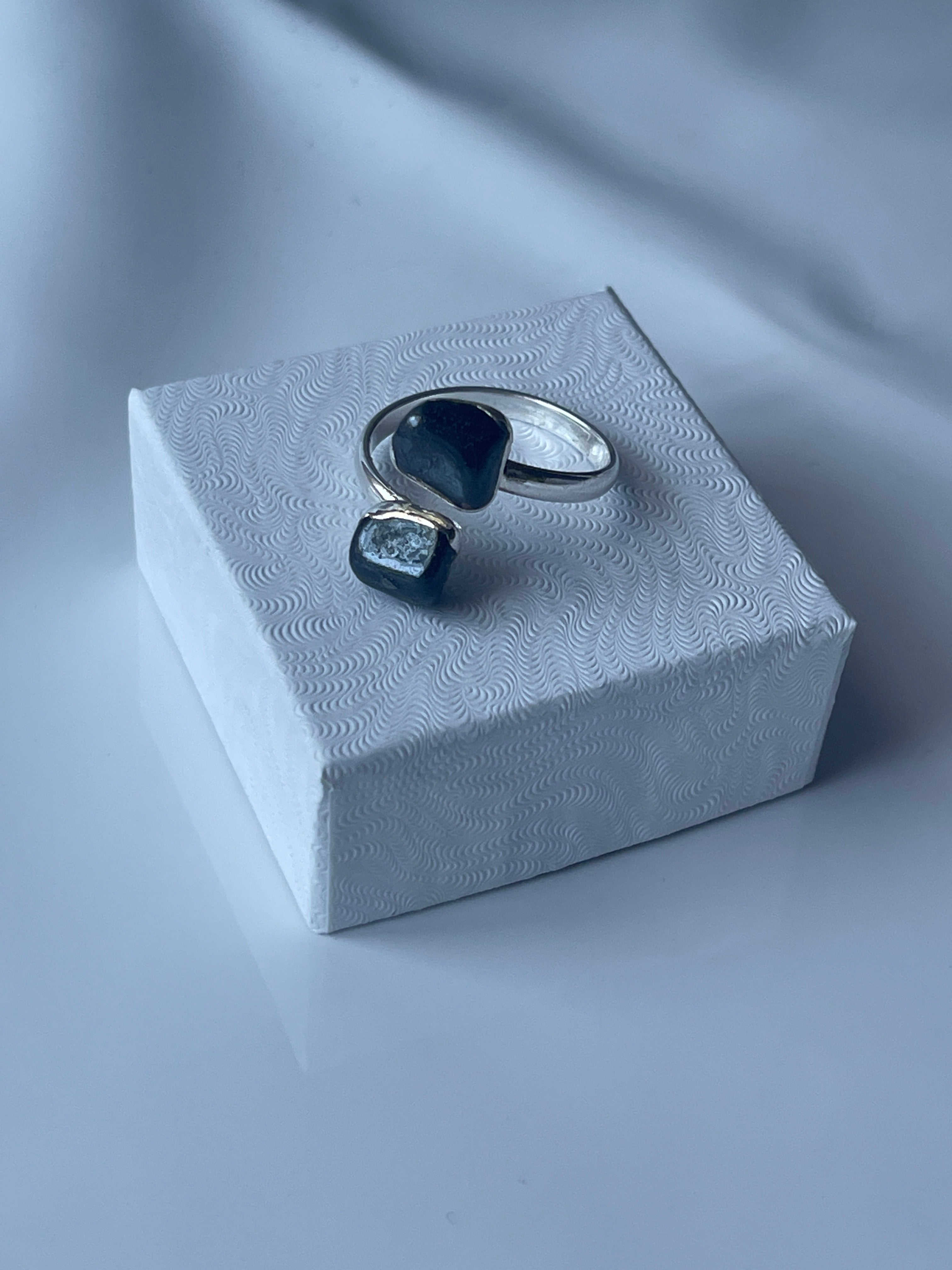 Hematite Adjustable Ring Silver Plated on a jewelry box