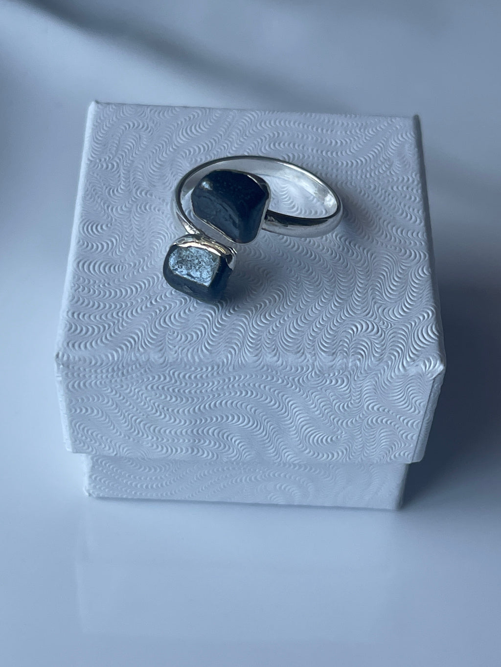Hematite Adjustable Ring Silver Plated inside a jewelry box