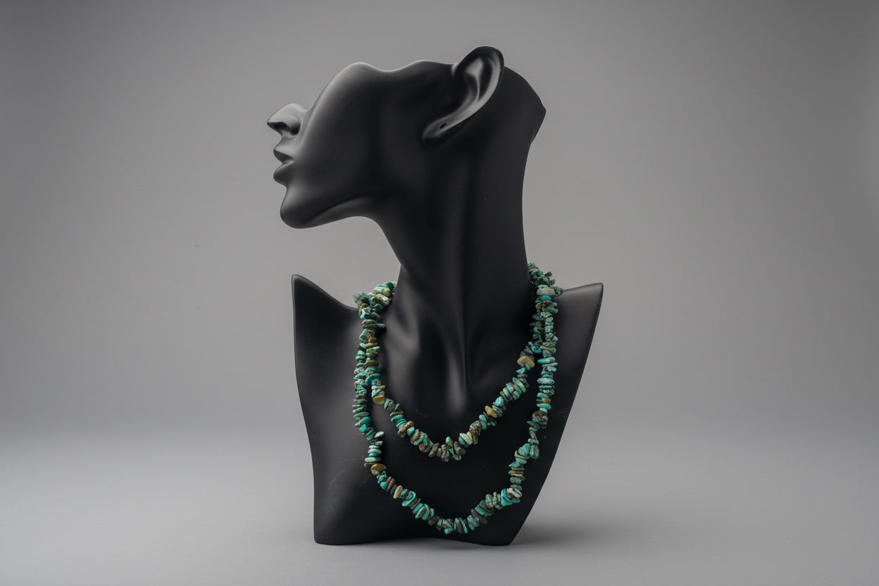 Black display with a green beaded Hubei_Turquoise_Necklace_30-32_Inches necklace in front of a gray backdrop. 