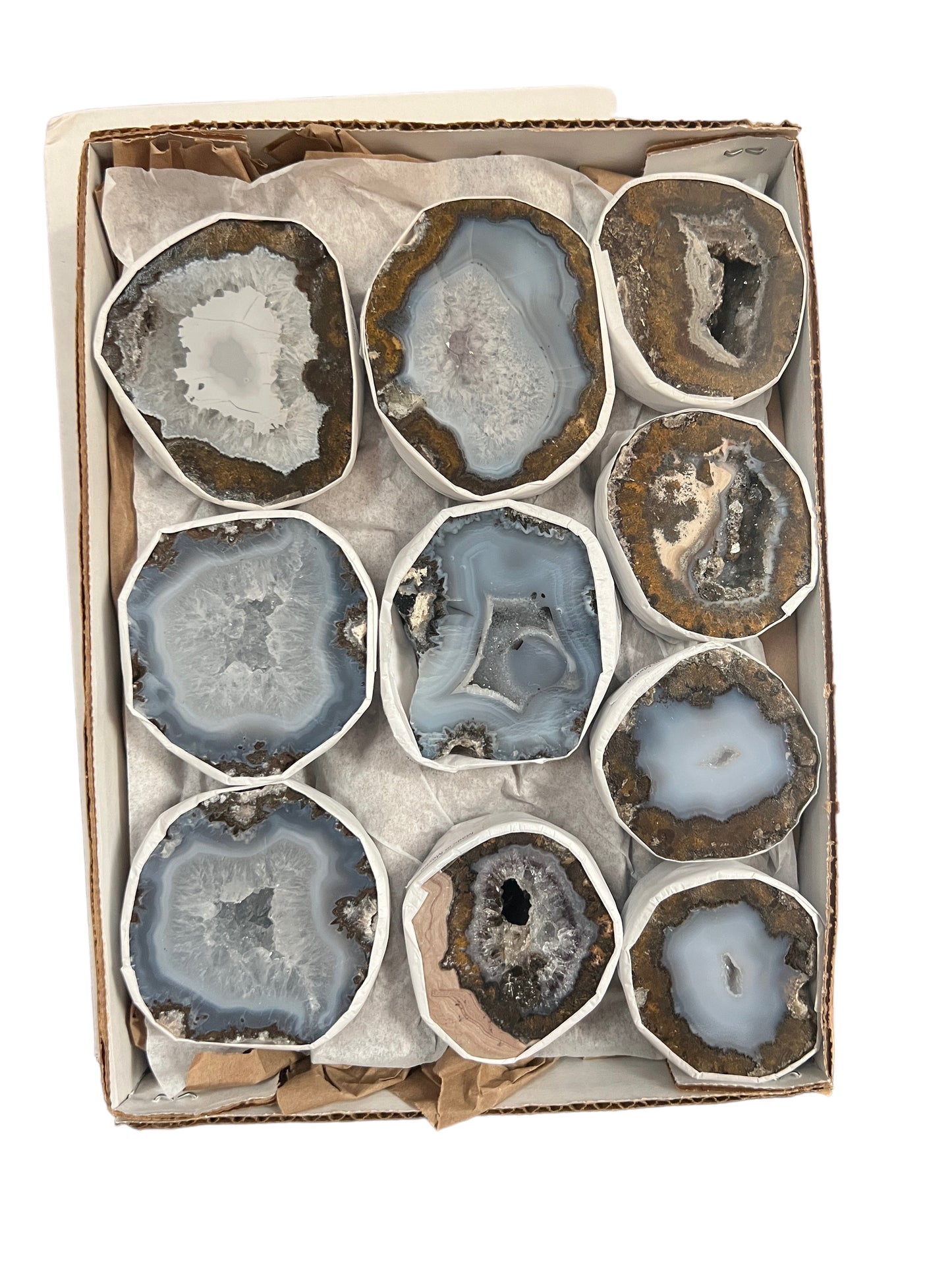 Las Choyas Coconut Polished Geodes in a flat box B+