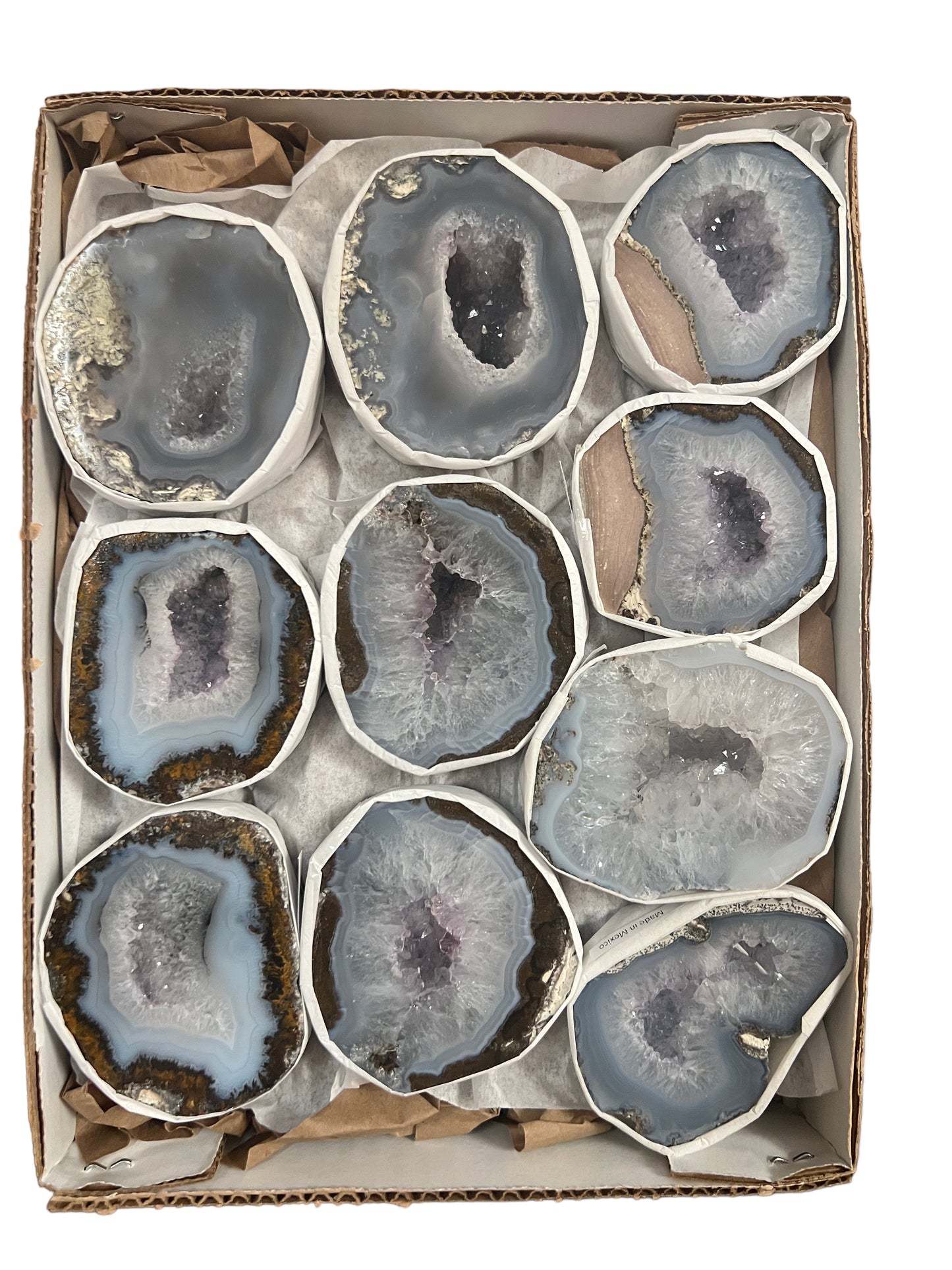 Las Choyas Coconut Polished Geodes in a flat box B+