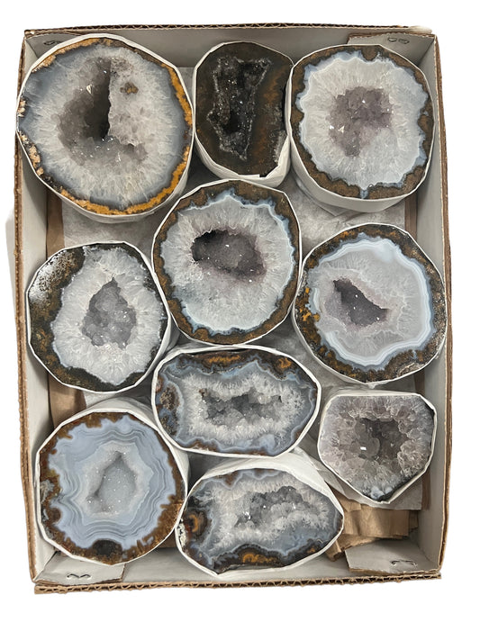 Las Choyas Coconut Polished Geodes in a flat box B+