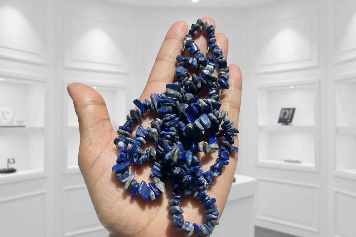 Hand holding a blue stone Lapis Necklace with a blurred store background