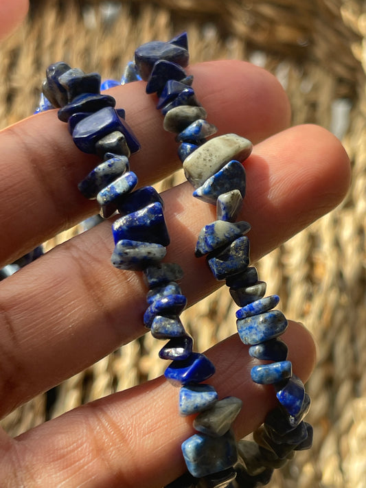 Lapis chip necklace from pure energy crystals On fingers 