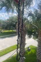 Mixed Black obsidian chip beaded necklace held in front of a palm tree with a blurred background