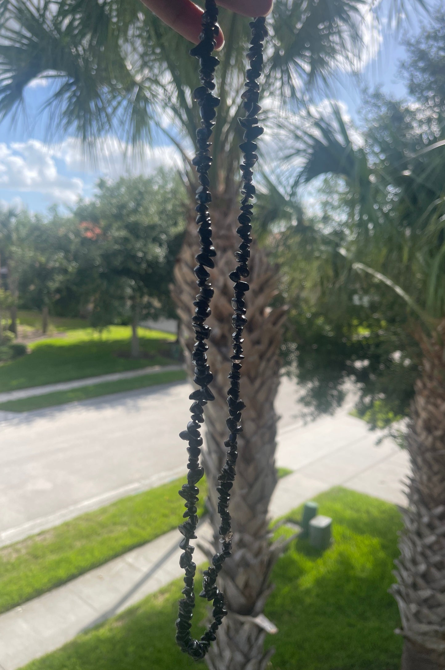 Mixed Black obsidian chip beaded necklace held in front of a palm tree with a blurred background