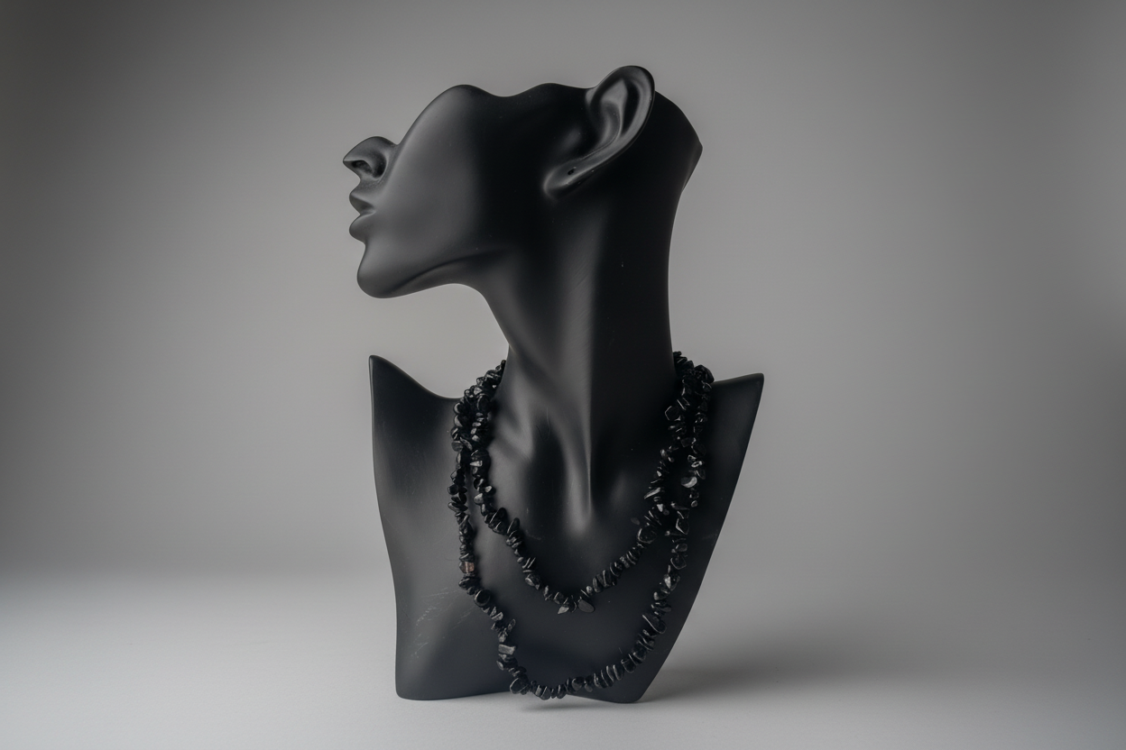 Black mixed obsidian chip beaded necklace on a black mannequin bust against a gray background