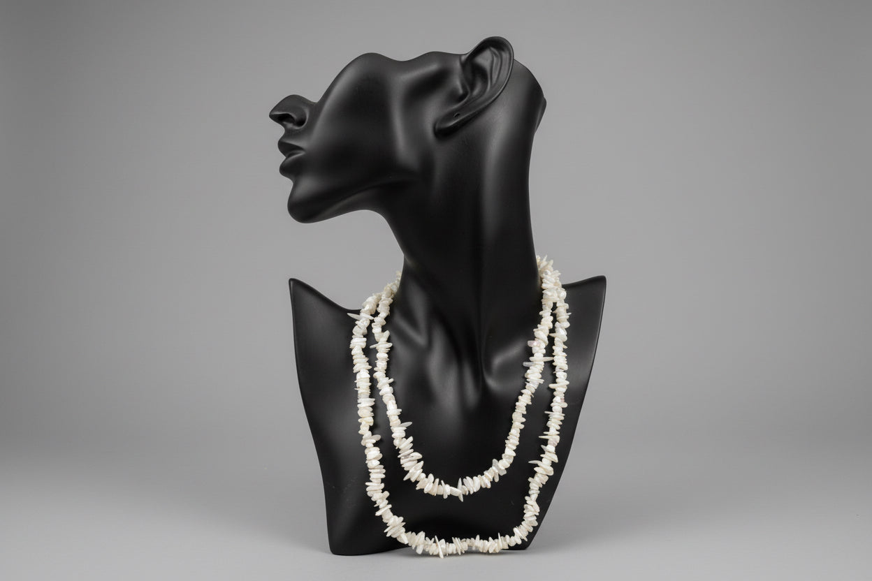 Black jewelry display with Mother_of_Pearl_Necklace_30-32_Inches