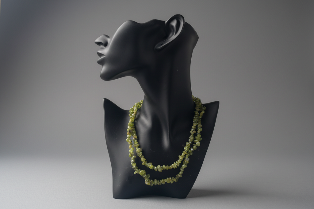 Black mannequin bust with a green necklace on a gray background