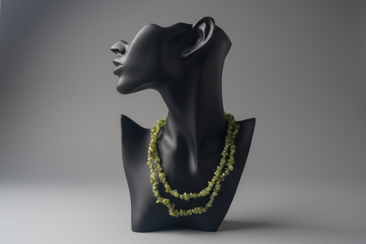 Black mannequin bust with a green necklace on a gray background