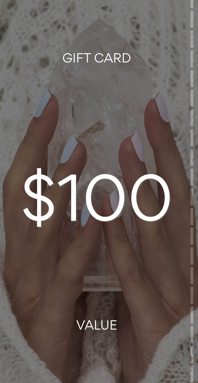 Gift card with $100 value held by hands against a textured background. Pure Energy Crystals Gift Card $100