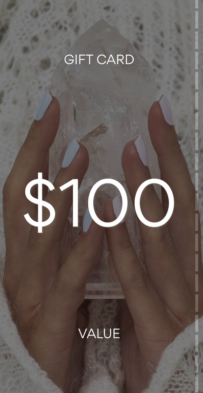Gift card with $100 value held by hands against a textured background. Pure Energy Crystals Gift Card $100
