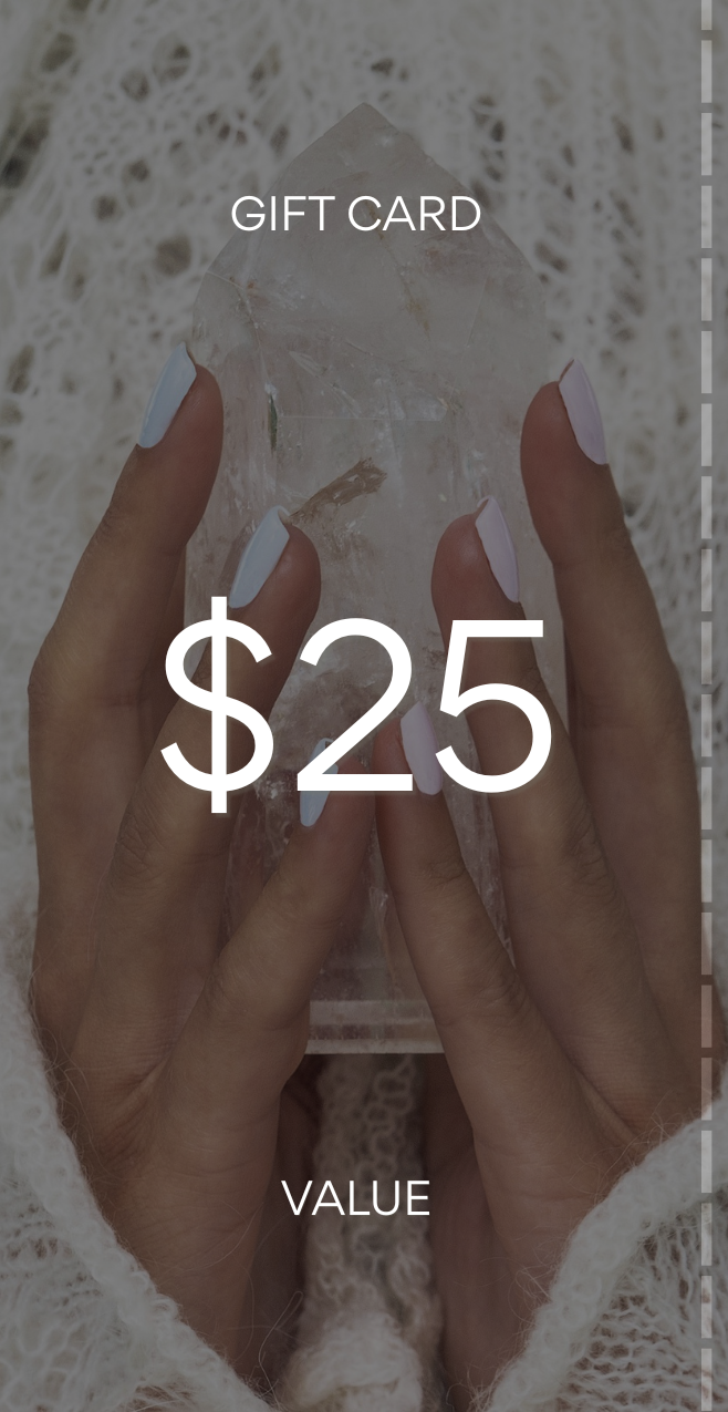 Gift card with $25 value held by a hand against a textured background. Pure Energy Crystals Gift Card $25