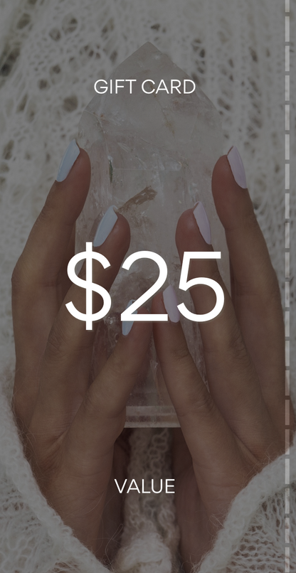 Gift card with $25 value held by a hand against a textured background. Pure Energy Crystals Gift Card $25