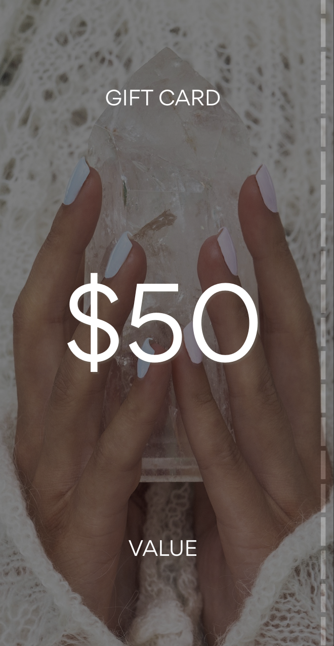 Gift card with $50 value held by hands on a textured background. Pure Energy Crystals Gift Card $50