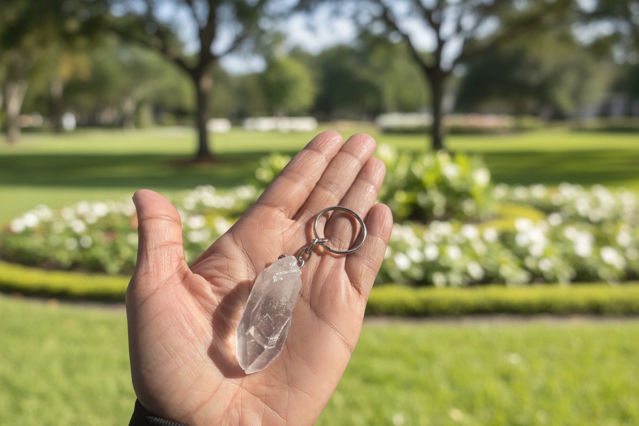 Hand holding a keychain with a clear quartz point crystal pendant outdoors