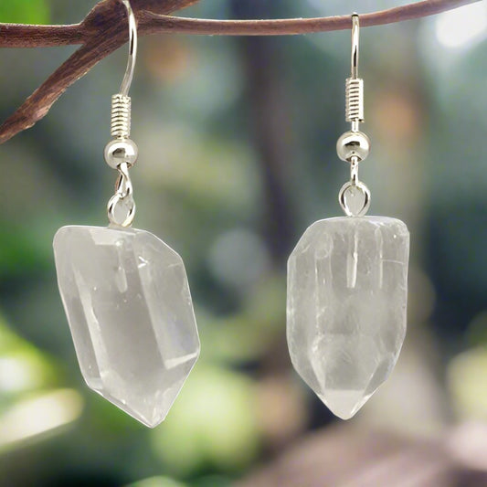 Quartz Crystal Point Silver Plated Bail Earrings