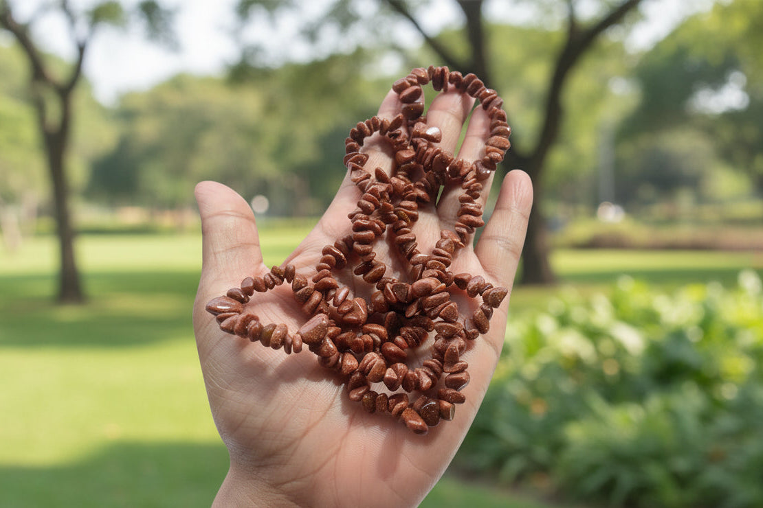 Hand holding a Red_Goldstone_Necklace_30-32_Inches against a blurred park background