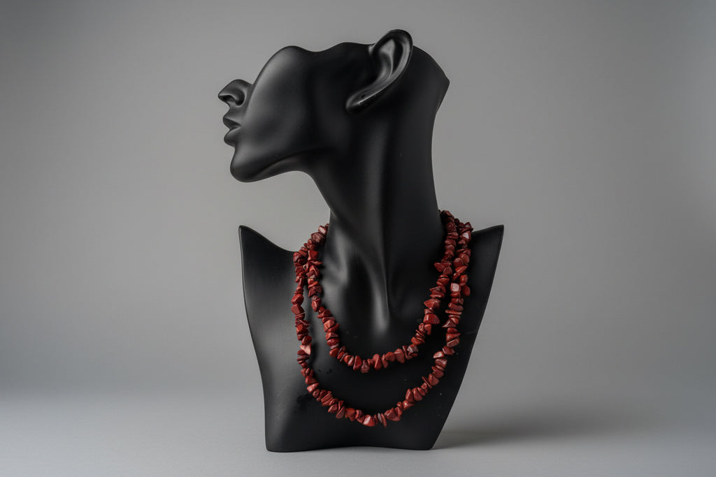 Black decorative necklace display object with Red_Jasper_Chip_Necklace_30-32_Inches red beads on a gray surface