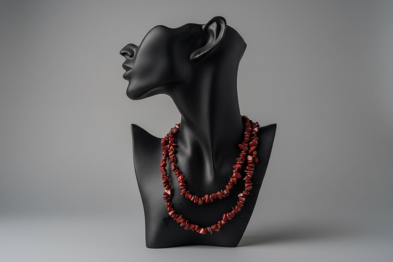 Black decorative necklace display object with Red_Jasper_Chip_Necklace_30-32_Inches red beads on a gray surface