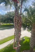 Rhodonite Necklace held up in front of  palm trees in the background