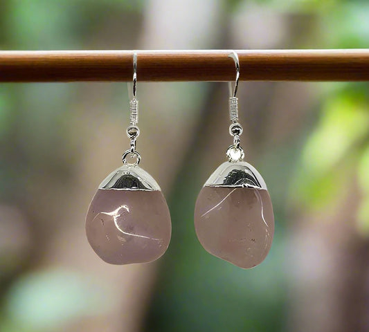 Rose Quartz Crystal Tumble Polished Silver Earrings