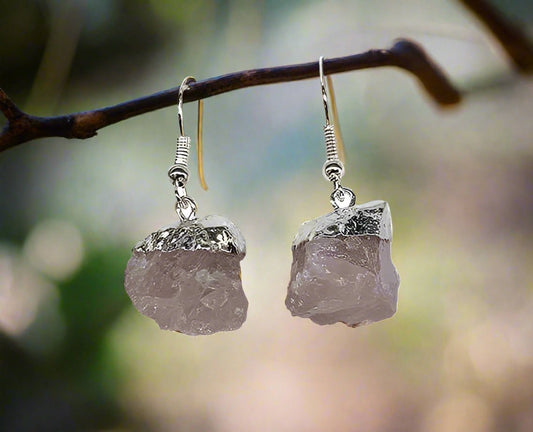 Rose Quartz Rough Crystal Silver Plated Earrings