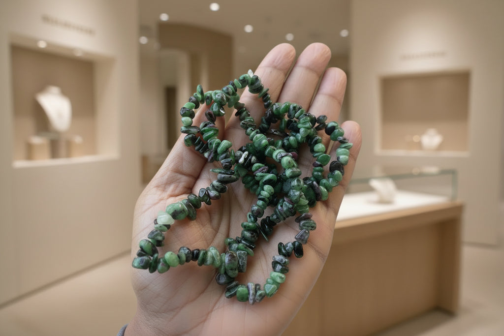 Hand holding a string of small green Ruby_Zoisite_Necklace_30-32_Inches with a blurred outdoor background