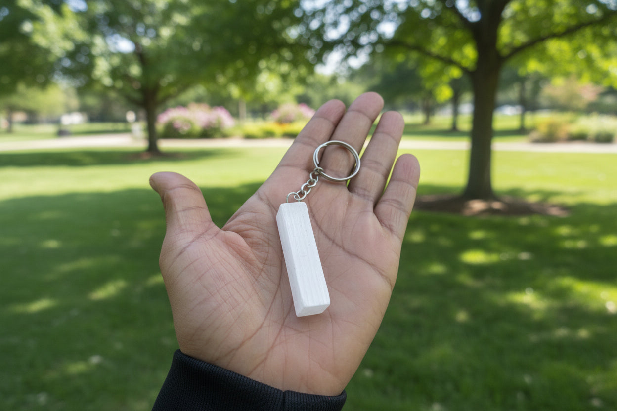 Hand holding a white Selenite Keychain rectangular keychain with a keyring at a park.