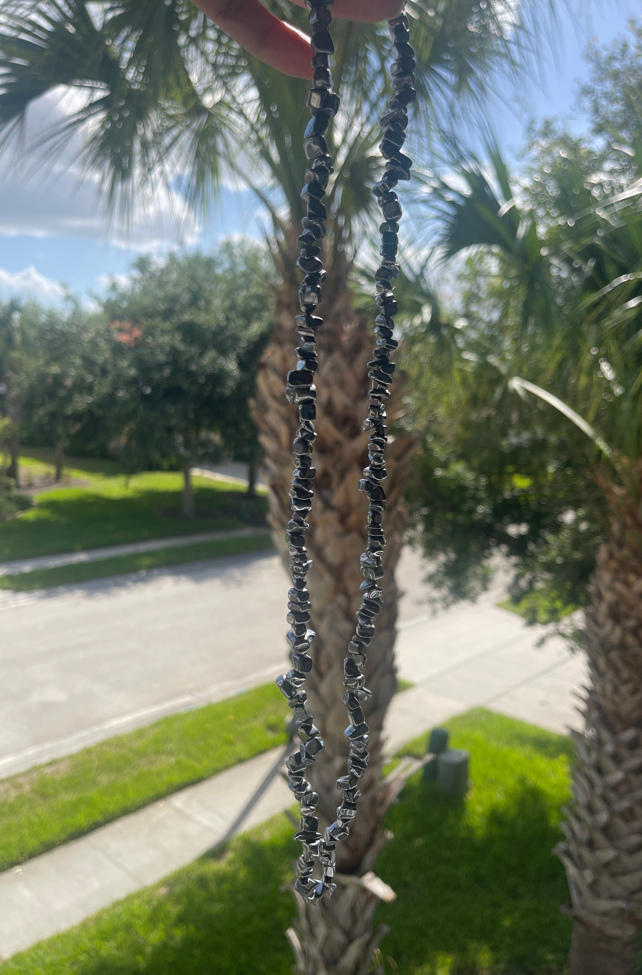 Person outside by Palm tree holding Tera necklace, a street with trees and houses in the background.