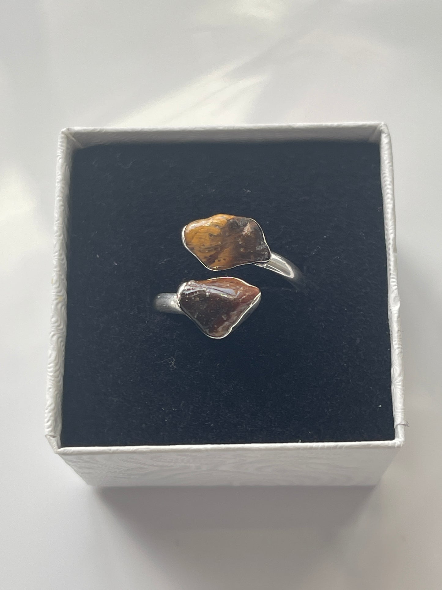 Tigers Eye Adjustable Ring Silver Plated inside small white jewelry box in Florida 