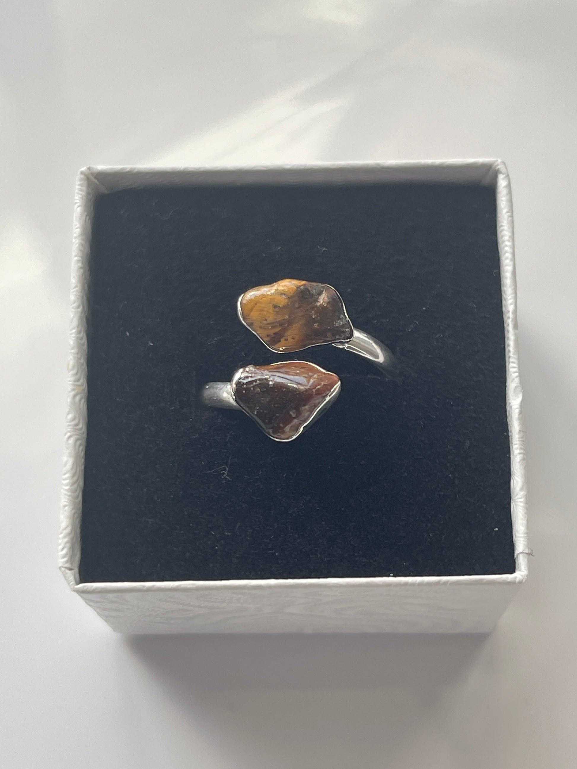 Tigers Eye Adjustable Ring Silver Plated inside small white jewelry box in Florida 